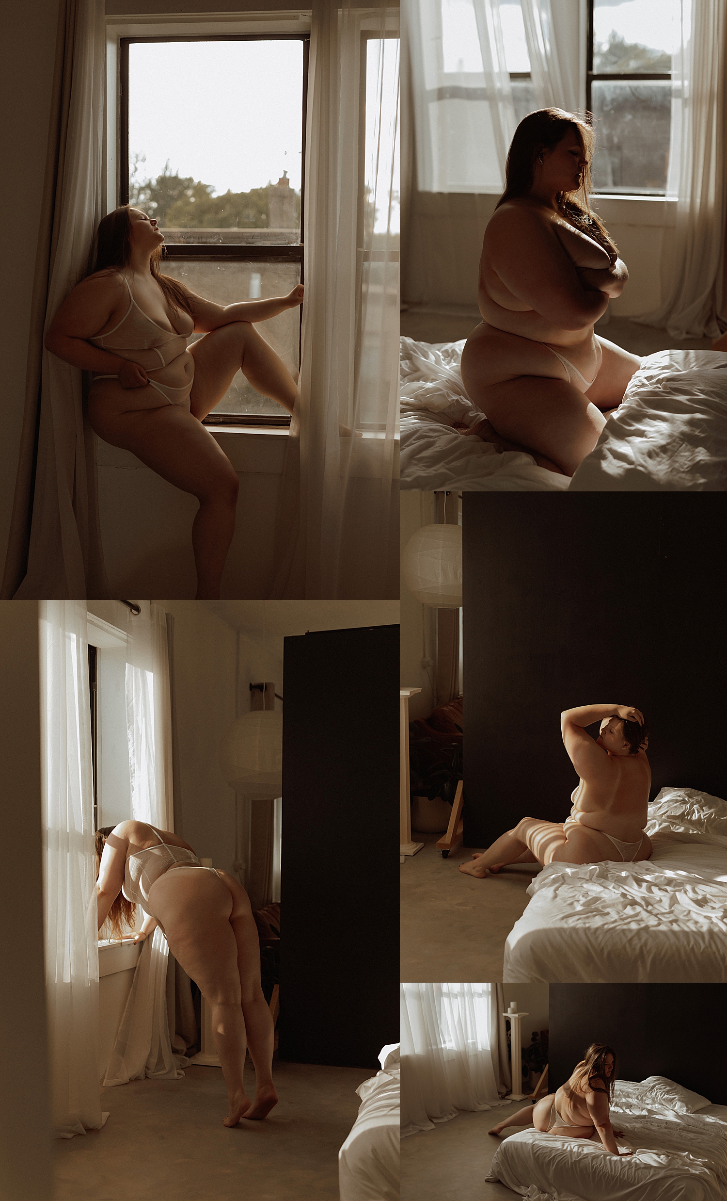 curvy woman sits in the window of studio with creative poses