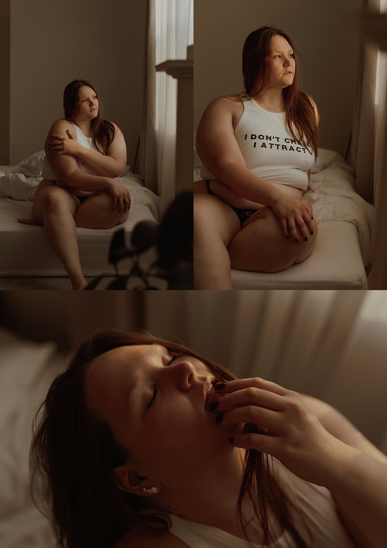 model in white tank sits on mattress by Minneapolis boudoir photographer