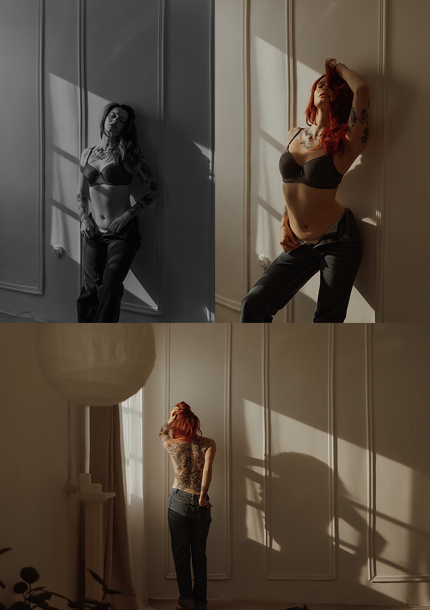 woman in bra and denim leans against a wall for Golden Hour Model Session