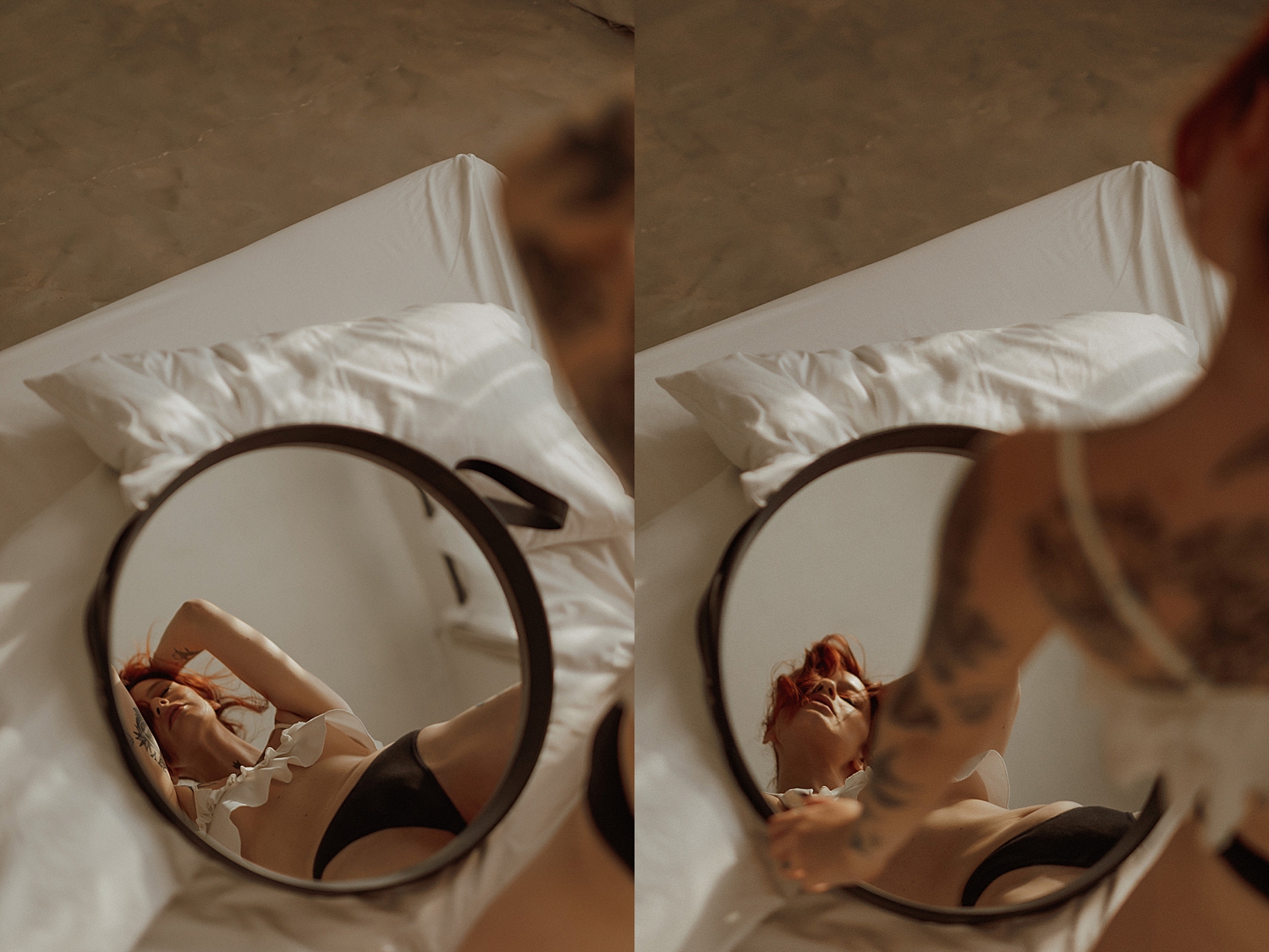 redhead kneels over mirror on the bed of studio by Mary Castillo Photography