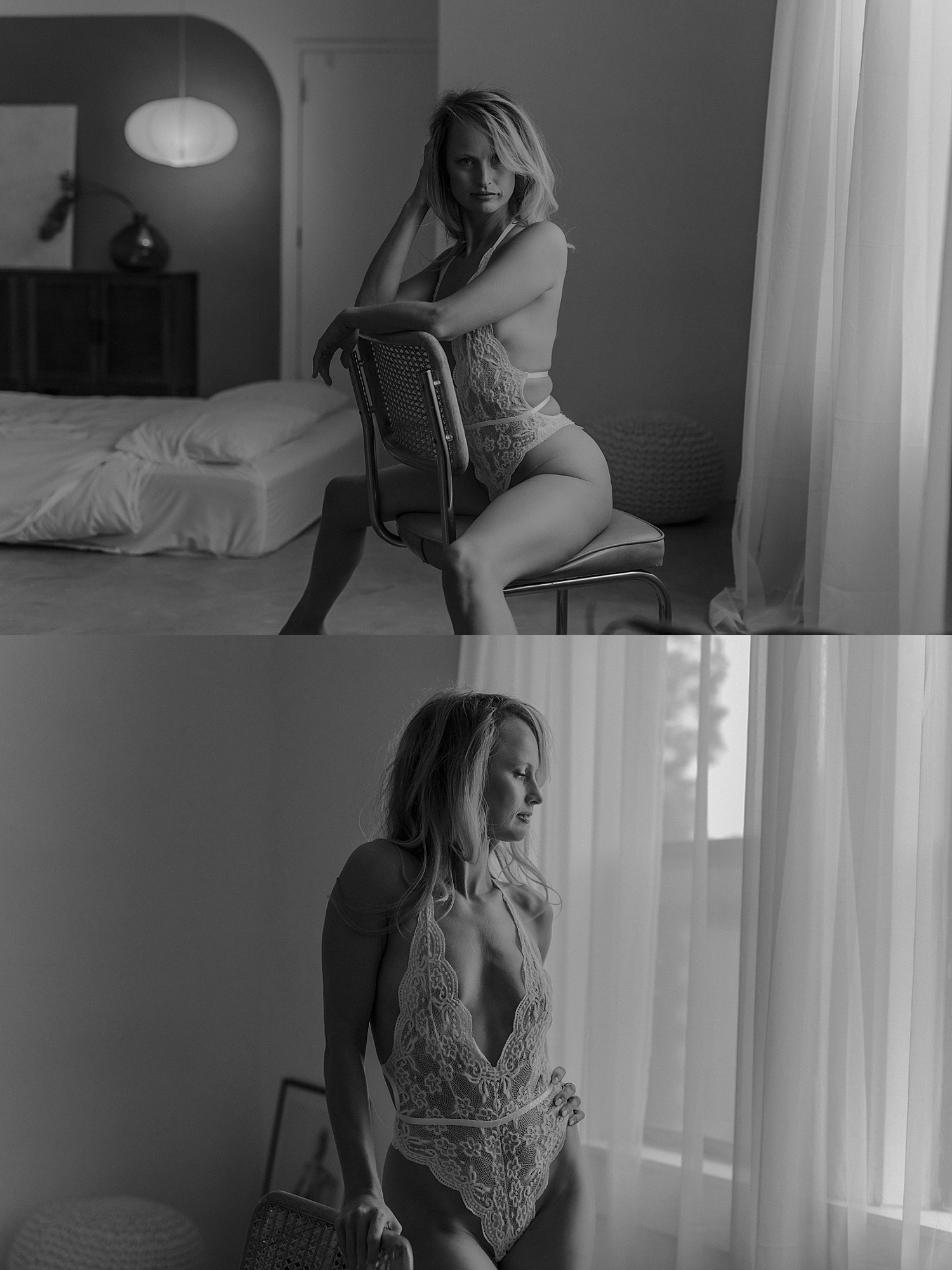 person in lace bodysuit stands next to window by Mary Castillo Photography