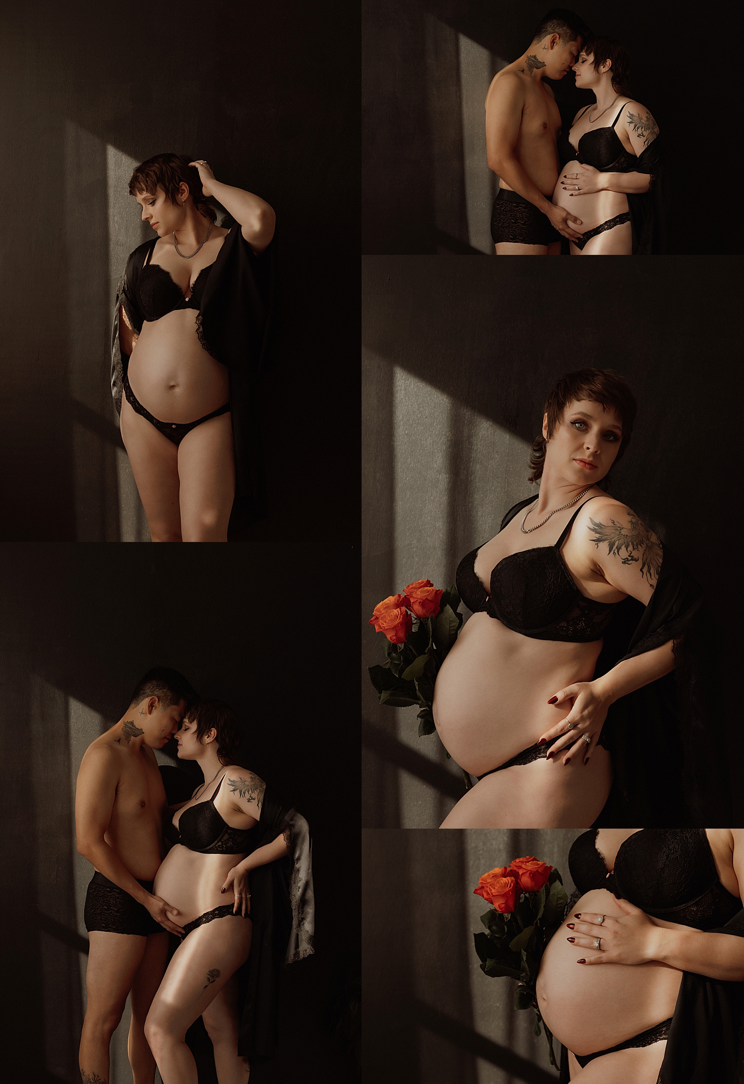 woman in black bra holds red flowers for couples maternity session