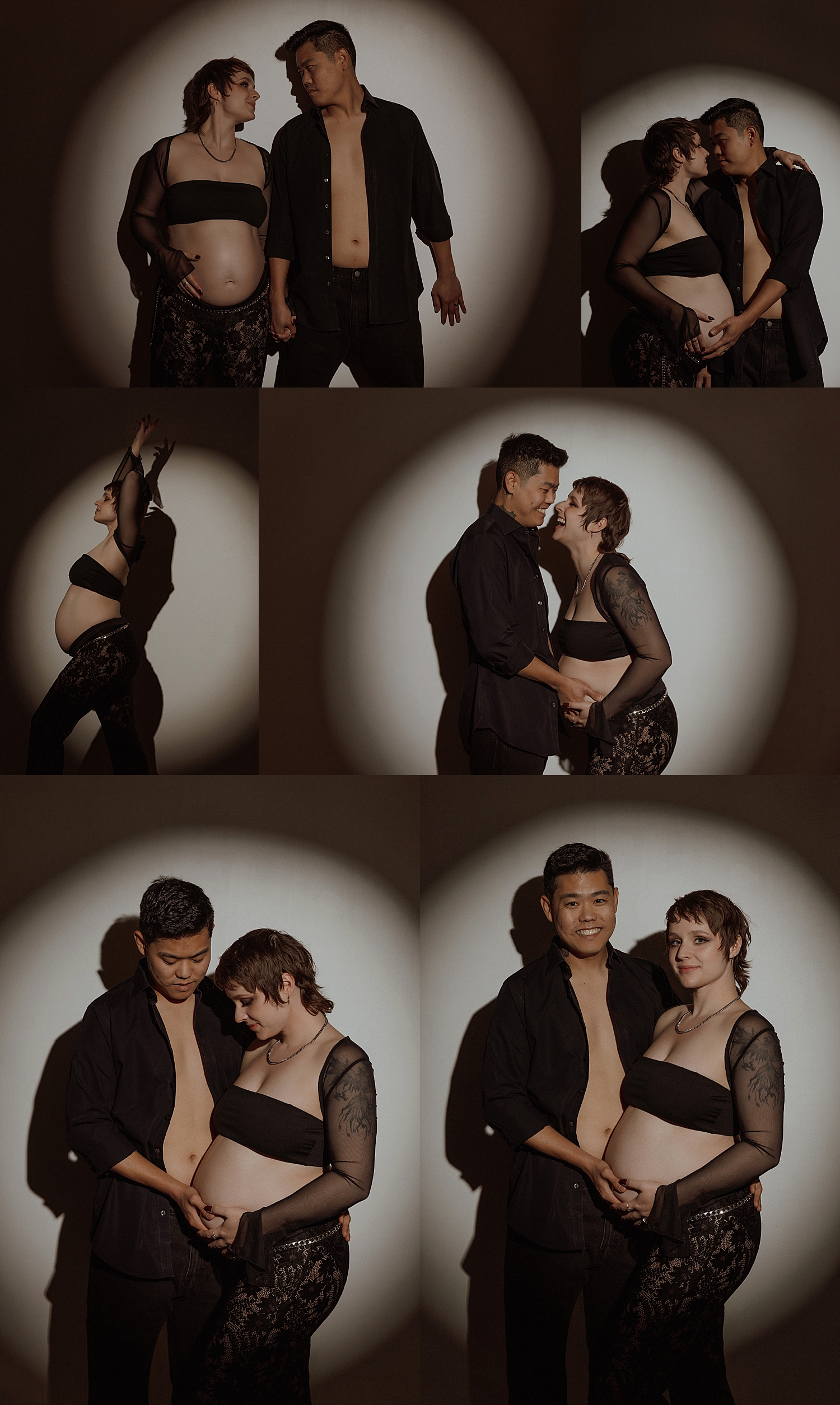 brunette couple laugh together under strobe light holding pregnant belly by Mary Castillo Photography