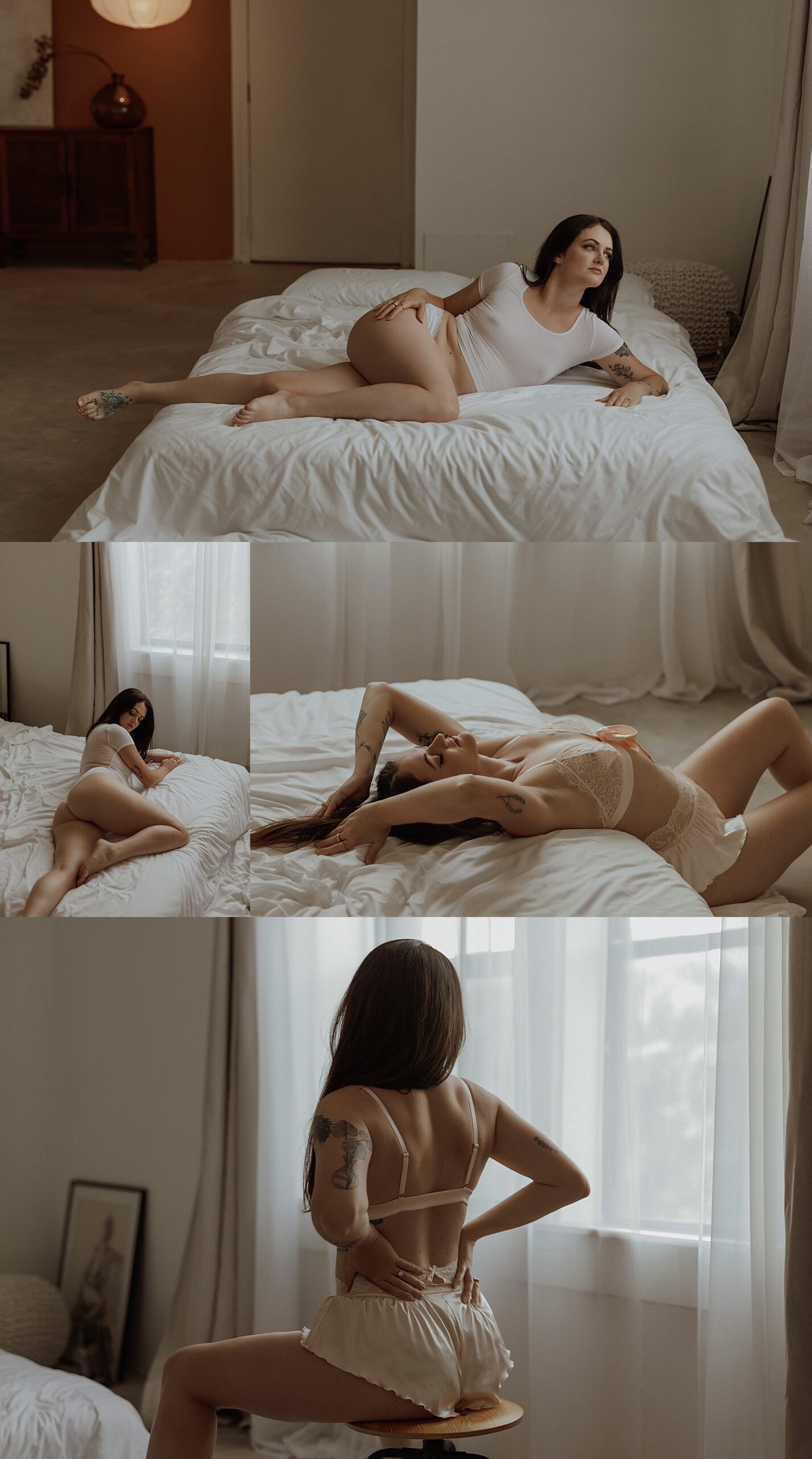 brunette lies across a bed in lingerie by Mary Castillo Photography