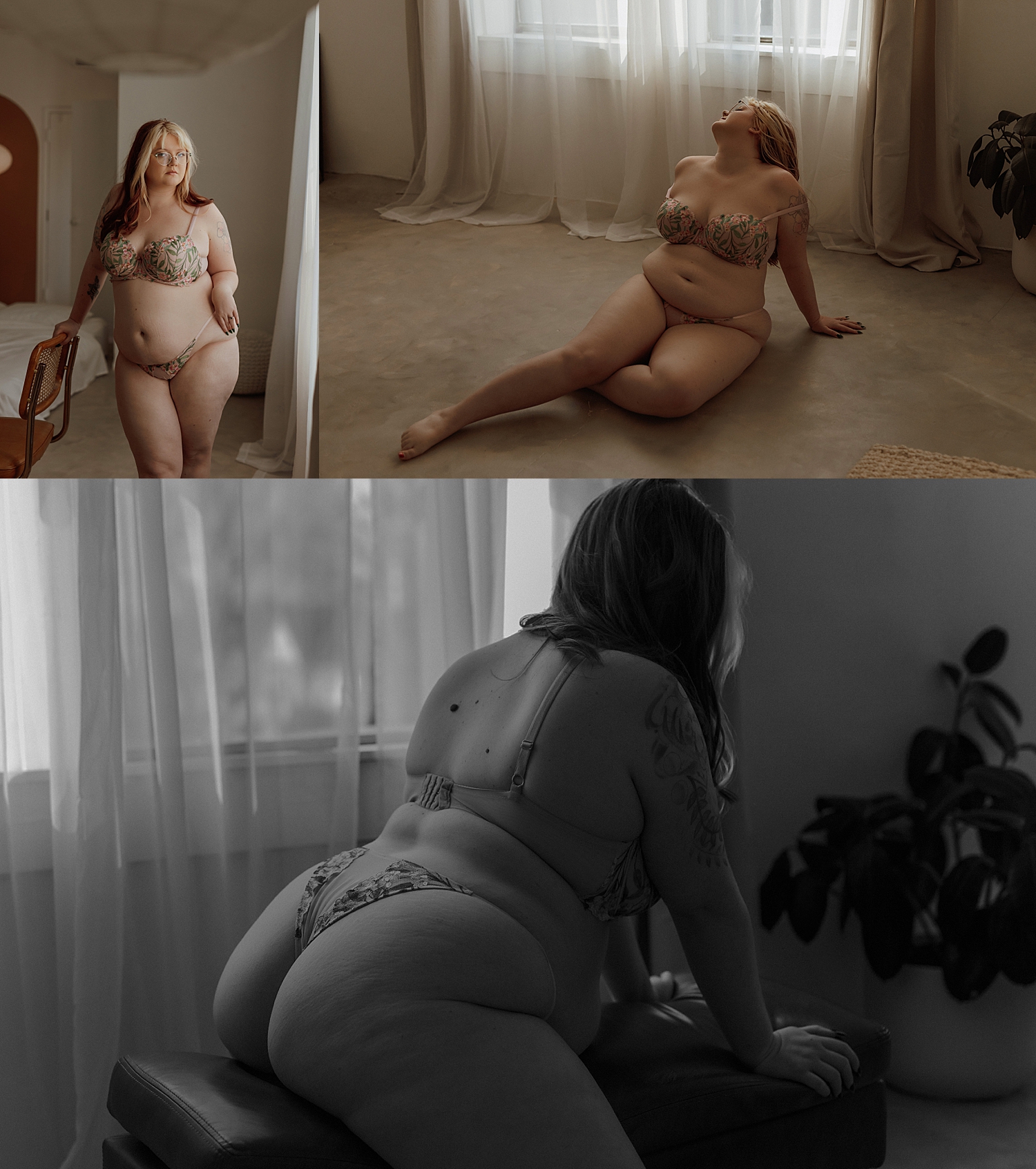 curvy person sits on floor by window in bra by Minneapolis boudoir photographer