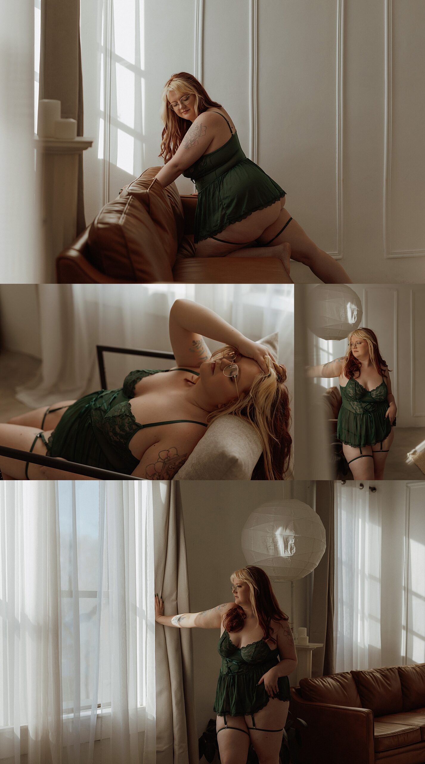 woman in green lingerie leans on couch for fantasy-inspired studio session