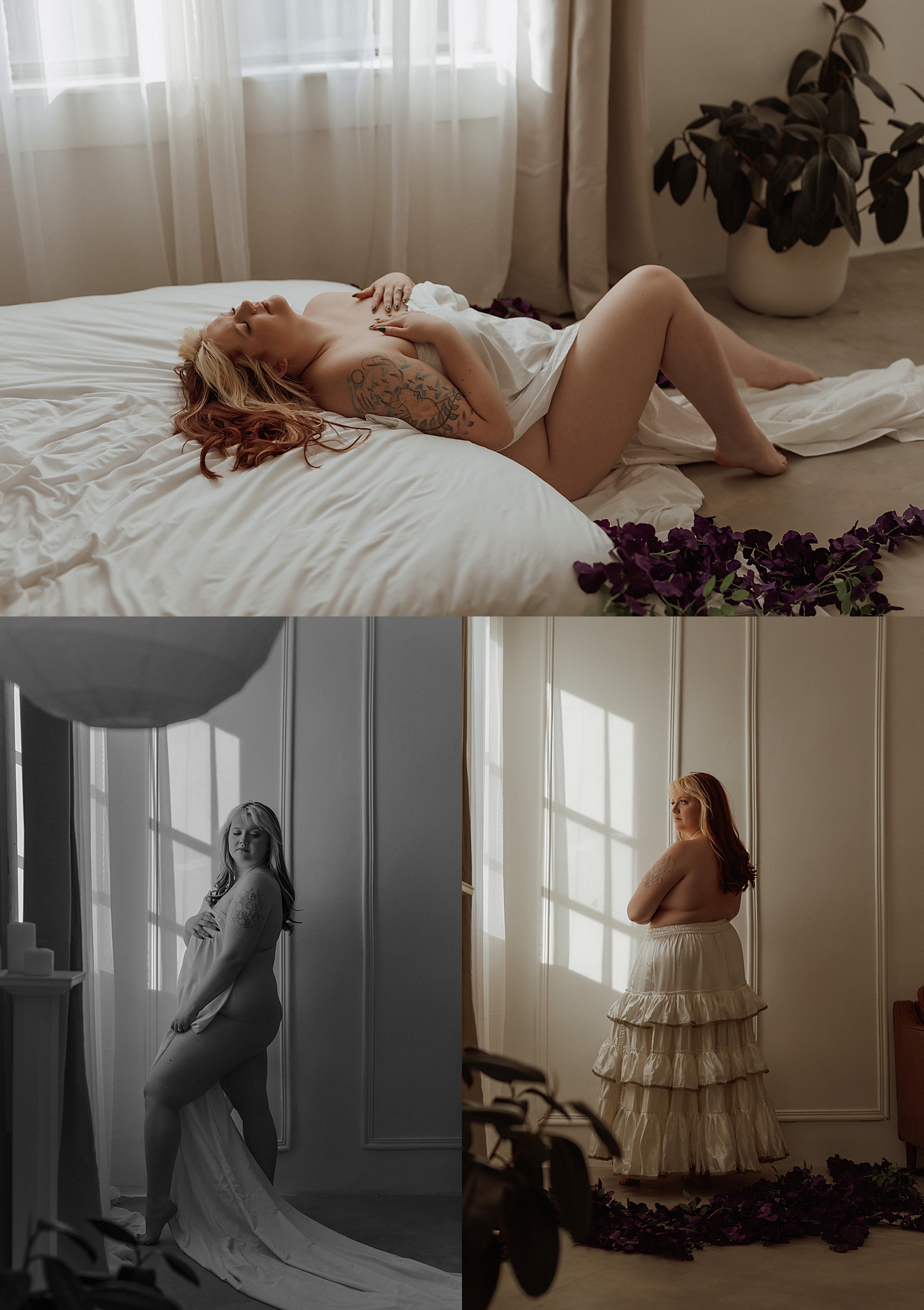 topless woman stands by the windw in skirt by Minneapolis boudoir photographer