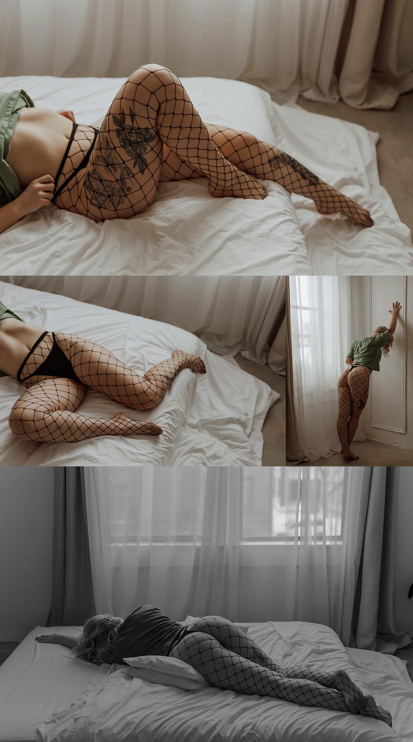 person in fishnets lies across bed by Mary Castillo Photography